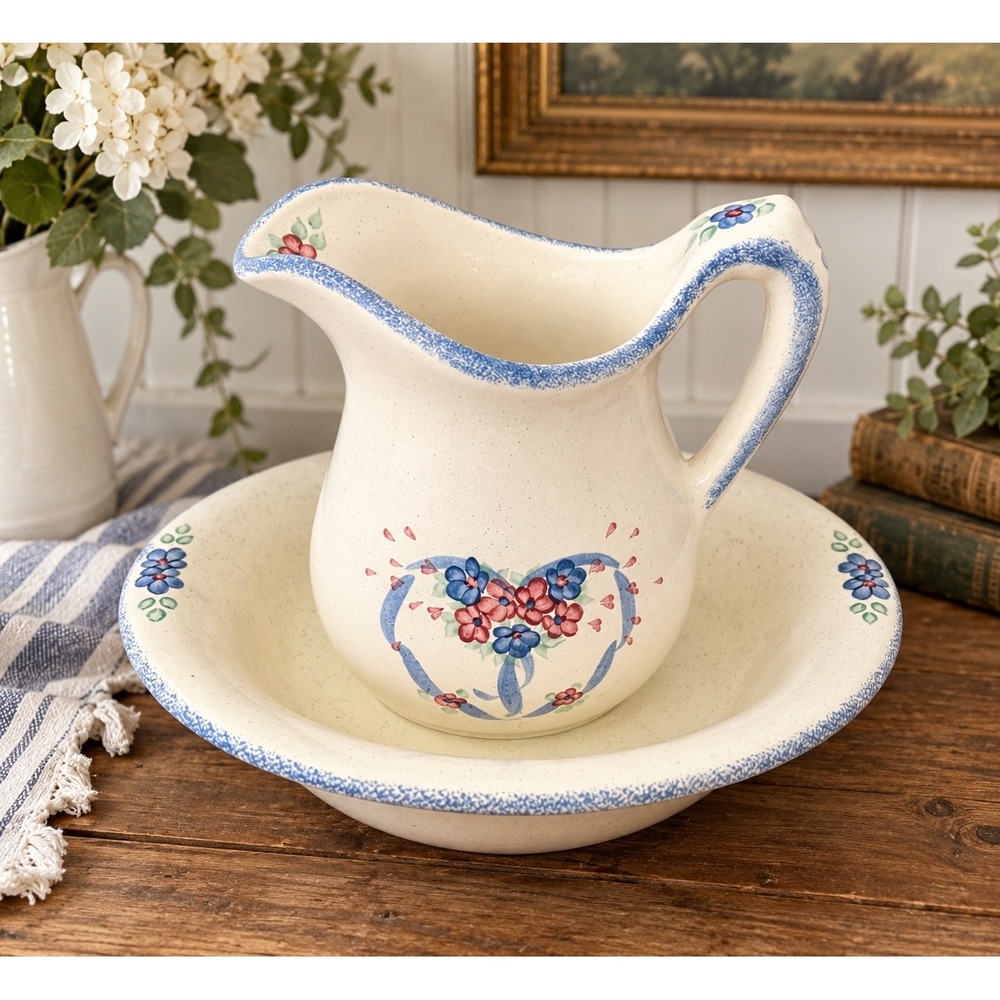 Vintage Noel Pottery Pitcher & Basin Set Hand Painted Floral Tonasket WA
